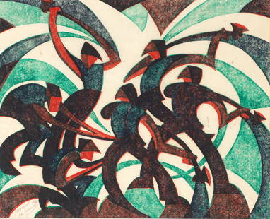 Sybil Andrews CPE (British/Canadian, 1898-1992) Sledgehammers Linocut printed in spectrum red, v...: Sybil Andrews CPE (British/Canadian, 1898-1992) Sledgehammers (Coppel SA 26) Linocut printed in spectrum red, viridian and Chinese blue, 1933, on thickish oriental laid paper, signed, titled and numbe