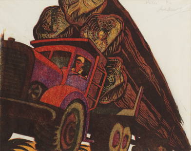 Sybil Andrews CPE (British/Canadian, 1898-1992) Hauling Linocut printed in raw sienna, alizarin ...: Sybil Andrews CPE (British/Canadian, 1898-1992) Hauling (Coppel SA 50) Linocut printed in raw sienna, alizarin crimson, permanent blue and ivory black, 1952, a richly inked impression, on tissue thin