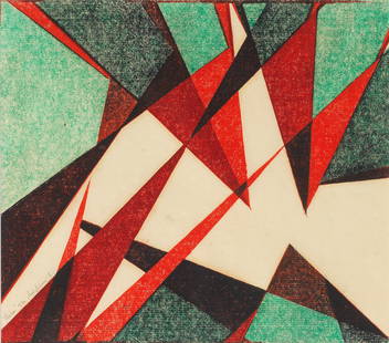 Sybil Andrews CPE (British/Canadian, 1898-1992) Peevies Linocut printed in spectrum red, alizari...: Sybil Andrews CPE (British/Canadian, 1898-1992) Peevies (Coppel SA 65) Linocut printed in spectrum red, alizarin crimson, viridian and Payne's grey, 1962, on oriental laid paper, signed, titled and nu