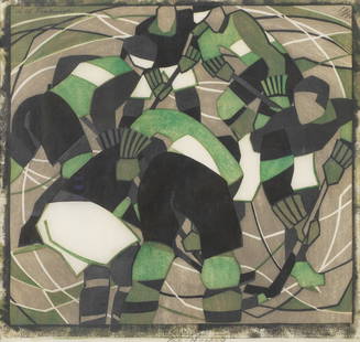 Lill Tschudi (Swiss, 1911-2004) Ice Hockey Linocut printed in black, green and greyish beige, 19...: Lill Tschudi (Swiss, 1911-2004) Ice Hockey (Coppel LT 31) Linocut printed in black, green and greyish beige, 1933, on tissue thin oriental laid paper, signed, titled, and numbered 17/50 in pencil, fra