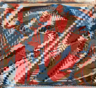 Lill Tschudi (Swiss, 1911-2004) Rumba Band II Linocut printed in dark blue, red and orange beige...: Lill Tschudi (Swiss, 1911-2004) Rumba Band II (Coppel LT 48) Linocut printed in dark blue, red and orange beige, 1936, on mulberry paper, signed, numbered 22/50 and annotated 'Handdruck' in pencil, fr