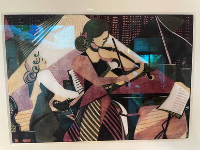 Lill Tschudi (Swiss, 1911-2004) Musicians Linocut printed in black, yellow and purple, 1949, on ...: Lill Tschudi (Swiss, 1911-2004) Musicians (Coppel LT 82) Linocut printed in black, yellow and purple, 1949, on tissue thin oriental laid paper, signed and numbered 11/50 in pencil, framed Block 220 x