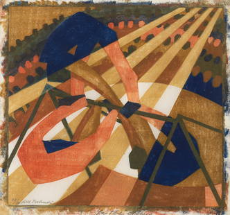 Lill Tschudi (Swiss, 1911-2004) In the Circus Linocut printed in dark blue, red, brown and dark ...: Lill Tschudi (Swiss, 1911-2004) In the Circus (Coppel LT 23) Linocut printed in dark blue, red, brown and dark beige, 1932, on tissue thin oriental laid paper, signed and numbered 23/50 in pencil, tit