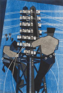 Lill Tschudi (Swiss, 1911-2004) Fixing the Wires Linocut printed in black, greyish beige and lig...: Lill Tschudi (Swiss, 1911-2004) Fixing the Wires (Coppel LT 26) Linocut printed in black, greyish beige and light blue, 1932, a richly inked impression, on tissue thin oriental laid paper, signed, num