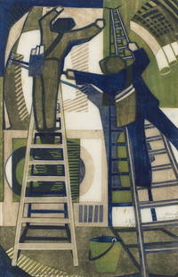 Lill Tschudi (Swiss, 1911-2004) Sticking Up Posters Linocut printed in dark blue, brown and viri...: Lill Tschudi (Swiss, 1911-2004) Sticking Up Posters (Coppel LT 33) Linocut printed in dark blue, brown and viridian, 1933, on tissue thin oriental laid paper, signed, annotated 'Handdruck' and numbere