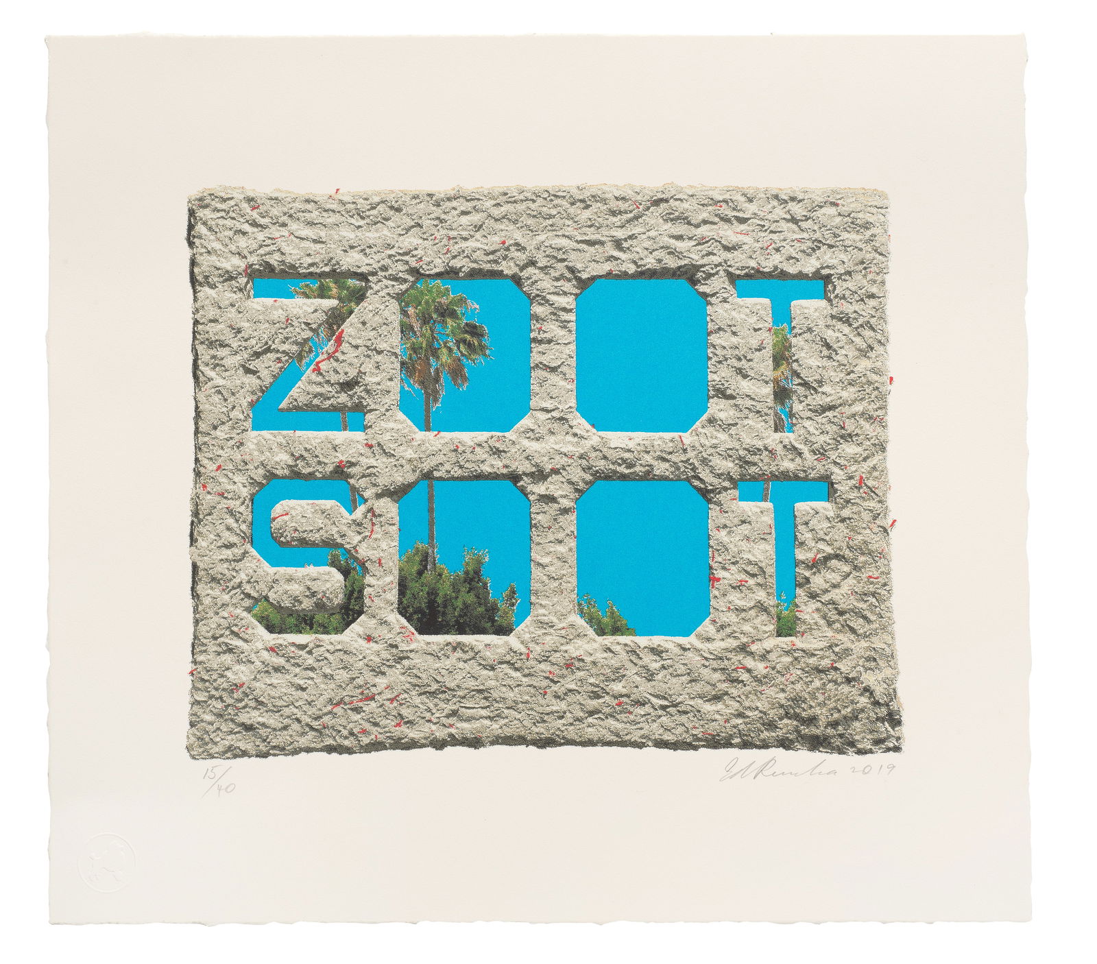 Ed Ruscha (American, born 1937) Zoot Soot (Dedicated to the memory of Richard Duardo) Screenprin...: Ed Ruscha (American, born 1937) Zoot Soot (Dedicated to the memory of Richard Duardo) Screenprint in colours, 2019, on wove paper, signed, dated and numbered 15/40 in pencil, published by Modern Multi