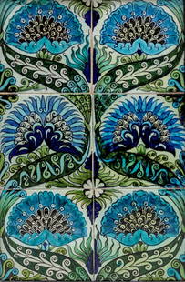 WILLIAM DE MORGAN (1839-1917) Six-Tile 'Mongolian' Panelcirca 1880-90depicting a stylized flower...: WILLIAM DE MORGAN (1839-1917)Six-Tile 'Mongolian' Panelcirca 1880-90depicting a stylized flower in continuous design, glazed earthenware, framed12 x 18 in (30.5 x 45.7cm)Footnotes:Rob Higgins and