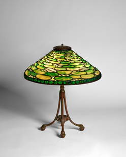 TIFFANY STUDIOS (1899-1930) 'Lily Pad' Table Lampcirca 1905patinated bronze, leaded glass, base ...: TIFFANY STUDIOS (1899-1930)'Lily Pad' Table Lampcirca 1905patinated bronze, leaded glass, base and shade each stamped 'Tiffany Studios New York'height 24in (61cm); diameter of shade 20 3/4in