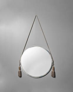 FRENCH ART DECO Wall Mirrorcirca 1940silvered bronze, wood, mirror plate, with later silk hang-...: FRENCH ART DECOWall Mirrorcirca 1940silvered bronze, wood, mirror plate, with later silk hang-ties and silvered wall mountsdiameter 31 1/4in (79cm)Footnotes:ProvenancePrivate Collection, New York