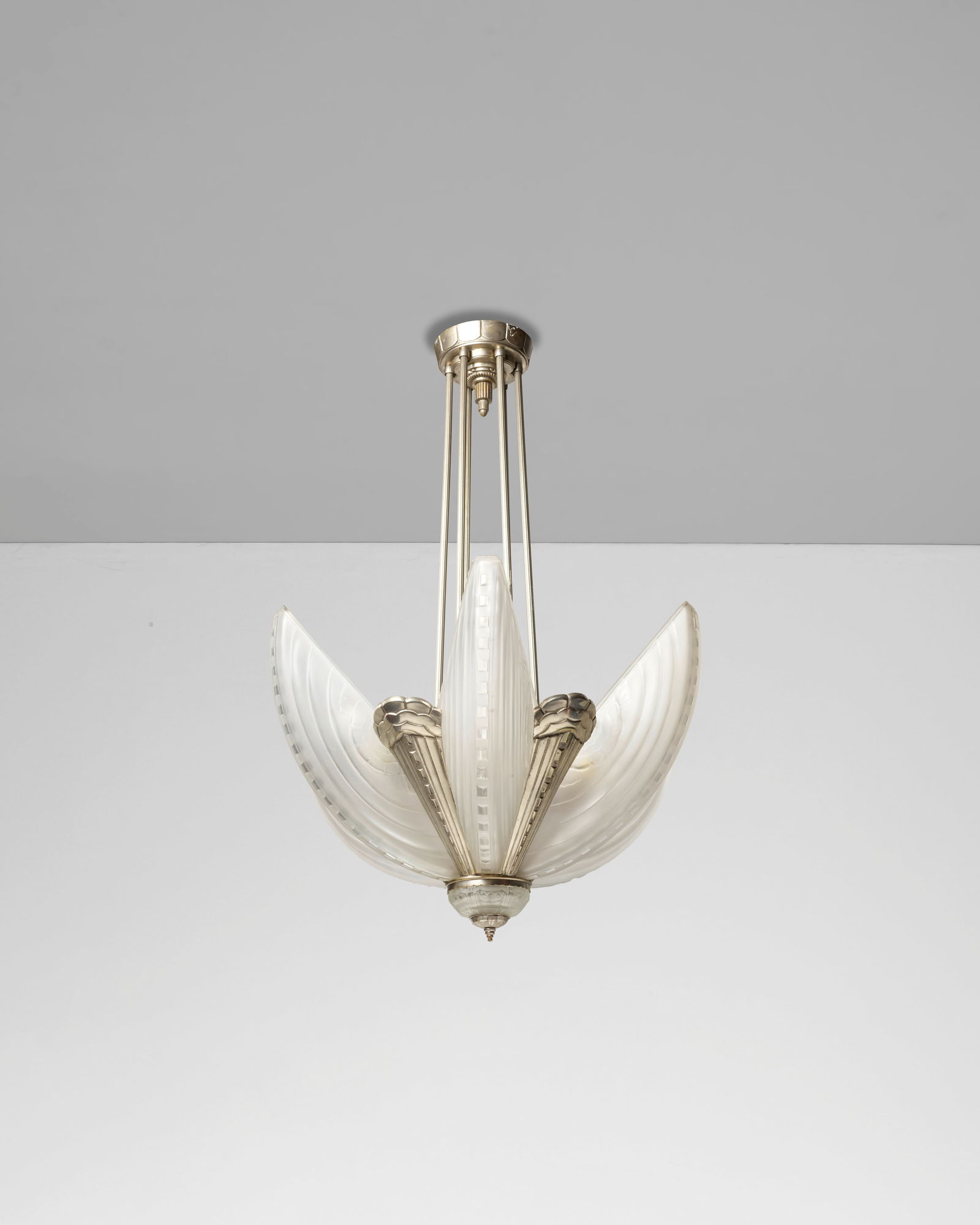 MARIUS-ERNEST SABINO (1878-1961)  Chandeliercirca 1925silvered bronze, cast and acid frosted gla... (1 of 3)