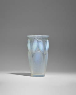 RENÉ LALIQUE (1860-1945) Ceylan Vasedesigned 1924opalescent glass, frosted and polished, wh...: RENÉ LALIQUE (1860-1945)Ceylan Vasedesigned 1924opalescent glass, frosted and polished, wheel-engraved mark 'R.LALIQUE FRANCE'height 9 1/2in (24cm); diameter 5 1/8in