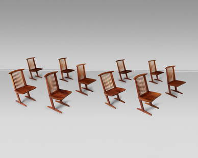 GEORGE NAKASHIMA (1905-1990) Set of Ten Conoid Chairs1969American black walnut, hickory, each m...: GEORGE NAKASHIMA (1905-1990) Set of Ten Conoid Chairs 1969 American black walnut, hickory, each marked in pencil 'Garrett' height 35in (89cm); width 20in (51cm); depth 20 1/2in (52cm) Footnotes: Prove