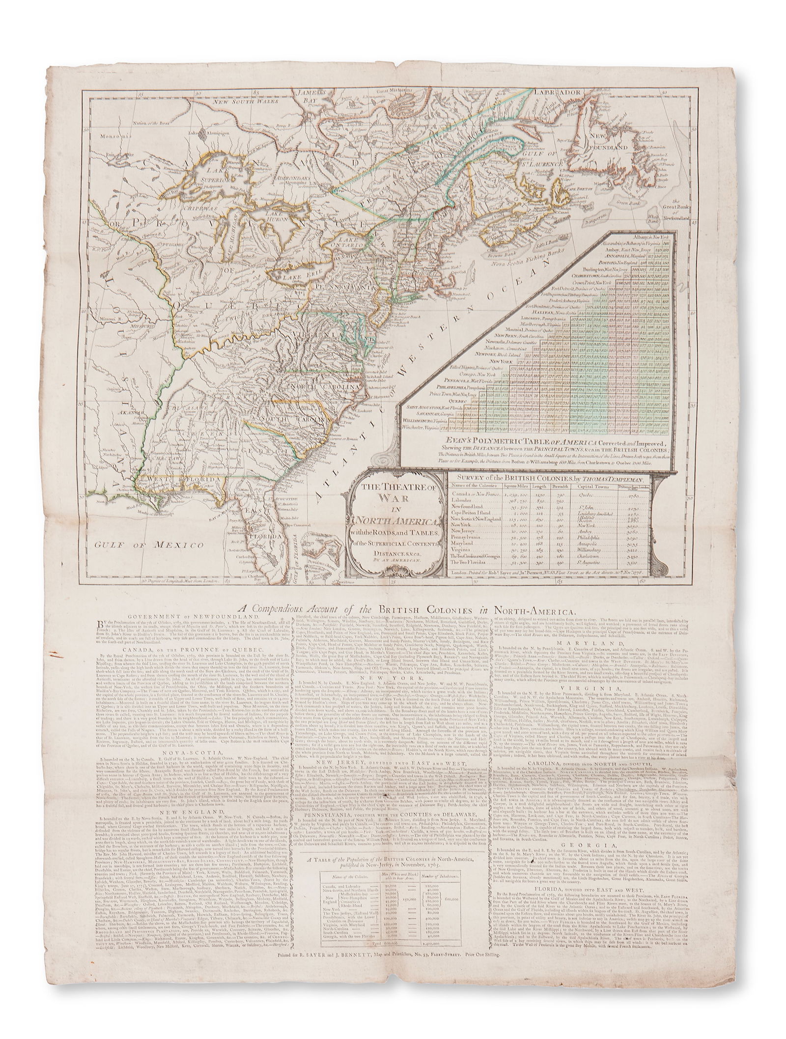 SAYER (ROBERT) AND JOHN BENNETT The Theatre of War in North America, with the Roads, and Tables ...: SAYER (ROBERT) AND JOHN BENNETTThe Theatre of War in North America, with the Roads, and Tables of the Superficial Contents, Distances, &c, by an American, engraved map, hand-coloured in outline, with