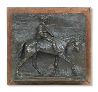 Pierre Jules Mene (French, 1810-1879) Bronze plaque horse and rider: Pierre Jules Mene (French, 1810-1879)Bronze plaque horse and riderOf rectangular form, the horse and rider modelled in profile, mounted on a wooden backing frame, inscribed' P.J. MENE' within a rectan