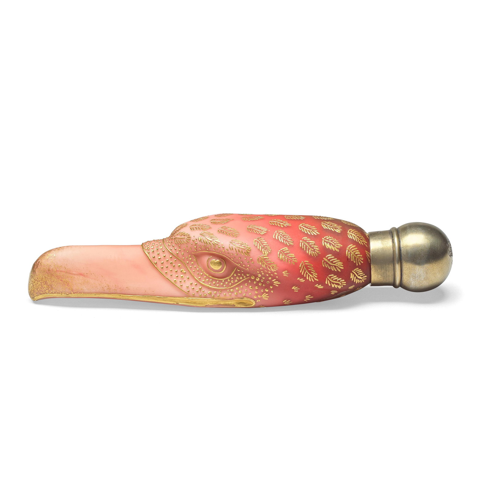 A very rare Thomas Webb and Sons gilded 'peachblow' glass falcon's head scent bottle, dated 1885: A very rare Thomas Webb and Sons gilded 'peachblow' glass falcon's head scent bottle, dated 1885Modelled as a falcon's head, delicately shaded from deep red through red to pale pink, the colours creat