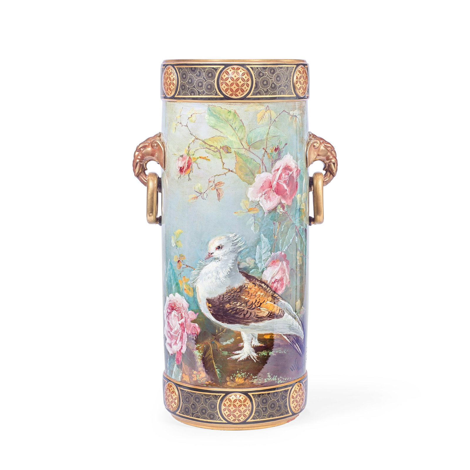 A Minton umbrella or stick stand by William Mussill, circa 1875: A Minton umbrella or stick stand by William Mussill, circa 1875The cylindrical body applied with elephant head and fixed ring handles, painted in a characteristic 'impasto' style with doves amongst ro