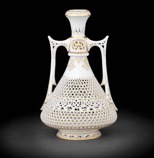 A fine Royal Worcester reticulated vase by George Owen, dated 1918: A fine Royal Worcester reticulated vase by George Owen, dated 1918Of Persian shape, the tapering body intricately pierced with bands of honeycomb and geometric design, picked out with raised gilt dots