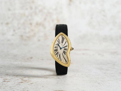Cartier. A very rare and unusual 18K gold manual wind wristwatch made as part of the Paris 1991 ...: Cartier. An unusual and very limited edition 18K gold manual wind wristwatch made as part of the Paris 1991 edition Model: Crash Date: Purchased 8th May 1992 Movement: 17-jewel Cal.160 manual wind Dia