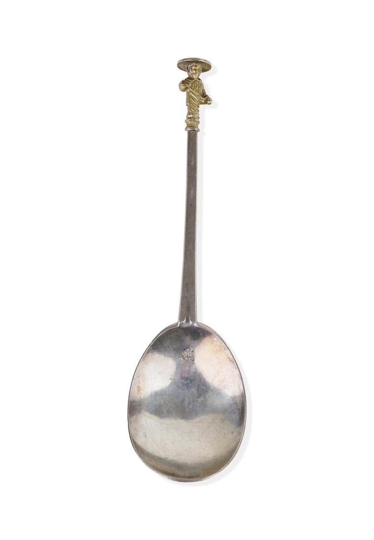Mid 17th Century West Country Silver Apostle Spoon: Mid 17th Century West Country Silver Apostle Spoon with a fig-shaped bowl, flattened stem and figural gilt finial, prick dot engraving SP over 1673 over RP, makers mark CR (and another, cup with mulle