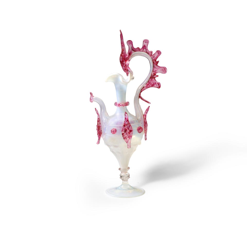 SALVIATI & CO. (FOUNDED 1859) Opalescent and Applied Pitchercirca 1890applied with pruntsheight ...: SALVIATI & CO. (FOUNDED 1859) Opalescent and Applied Pitcher circa 1890 applied with prunts height 11in (28cm) Footnotes: Provenance Sheldon Barr & Tom Gardner, New York Private Collection, New York L