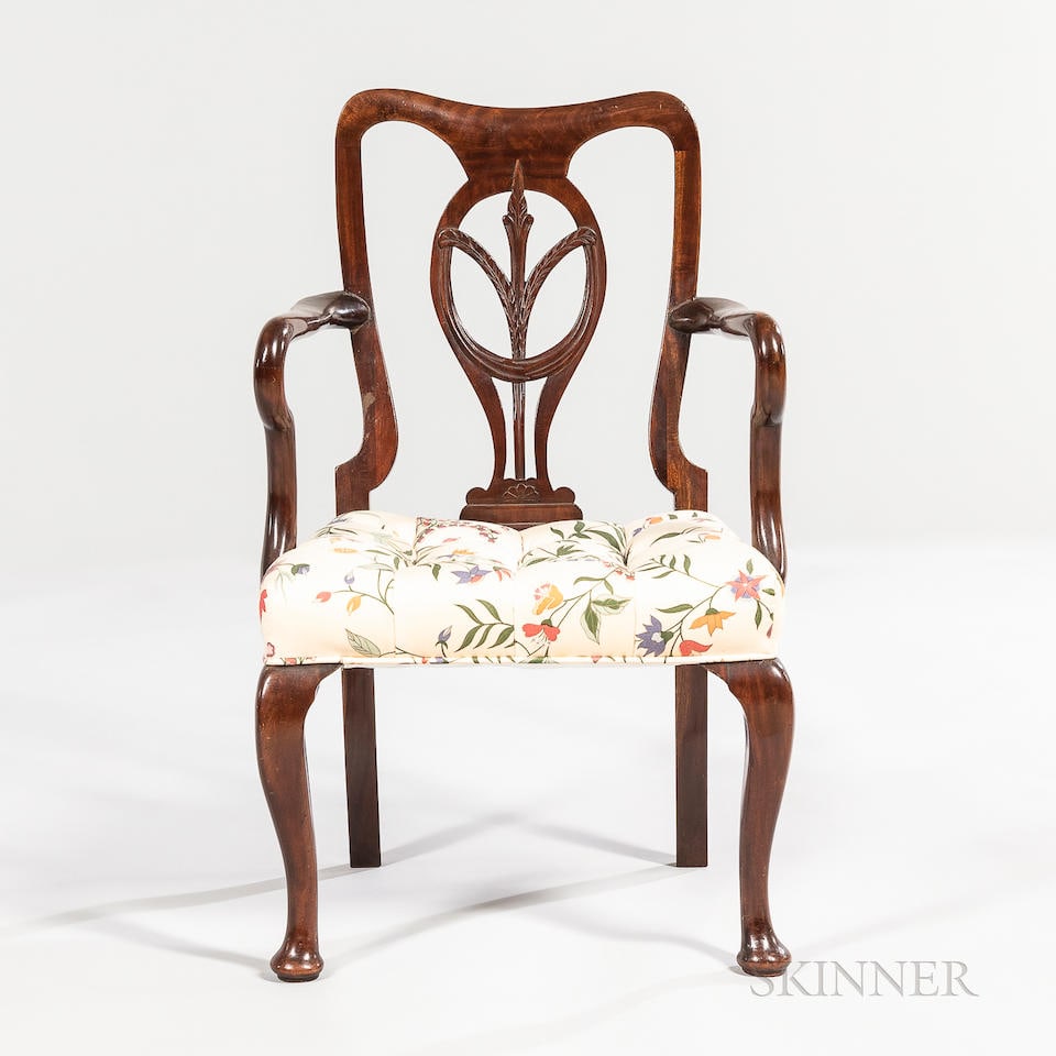 Queen Anne Mahogany Youth/Child's Armchair: Queen Anne Mahogany Youth/Child's Armchair England, carved open back with foliate medallion, cabriole legs with pad feet, upholstered seat, ht. 27 1/4 in. For further information on this lot please vi