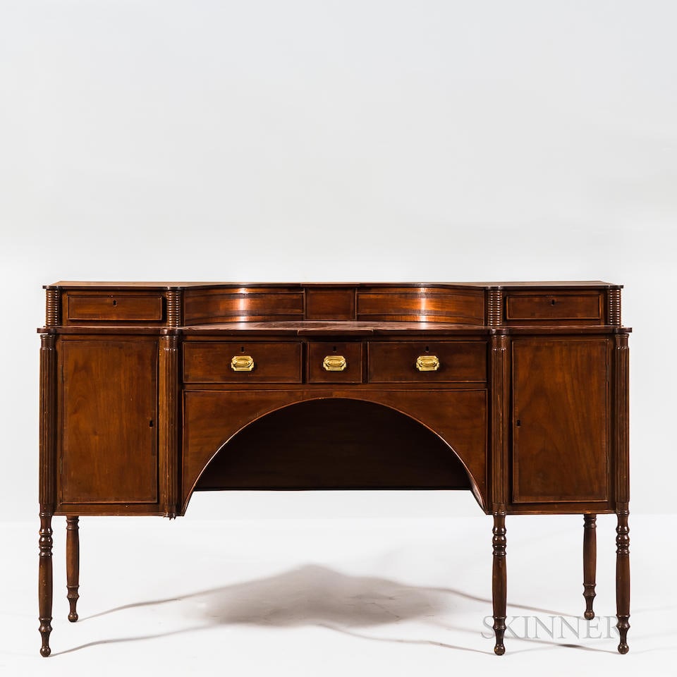 Federal-style Mahogany Sideboard: Federal-style Mahogany Sideboard With brass drawer pulls, on turned legs, ht. 45, wd. 72 1/2, dp. 23 in. For further information on this lot please visit Bonhams.com For further information about this