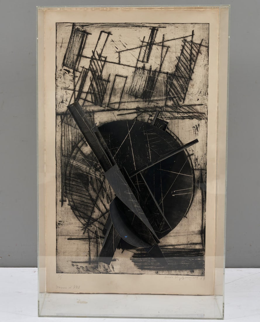 Oleg Kudryashov (Russian, 1932-2022); Construction #748;: Oleg Kudryashov (Russian, 1932-2022) Construction #748, 1983 Drypoint monotype with paper construction; signed and dated 'Oleg Kudryashov 83' in pencil lower right, numbered and identified '1/1...748'