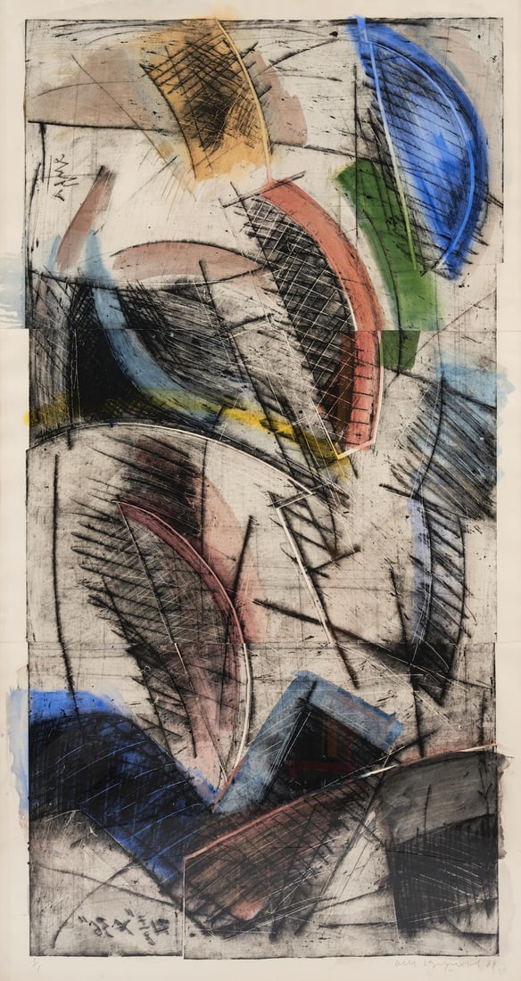 Oleg Kudryashov (Russian, 1932-2022); Untitled (Plate 1035);: Oleg Kudryashov (Russian, 1932-2022) Untitled (Plate 1035), 1984 Monoprint with drypoint and hand-coloring printed on three sheets of paper; signed and dated 'Oleg Kudryashov 84' in pencil lower right