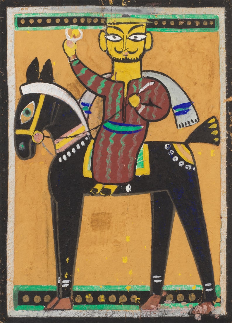 Jamini Roy (1887-1972) Untitled (Rider on Horseback): Jamini Roy (1887-1972) Untitled (Rider on Horseback) signed 'Jamini Roy' in Bengali lower right tempera on handmade paper, framed 42 x 30.2cm (16 9/16 x 11 7/8in). Footnotes: Provenance Property fr