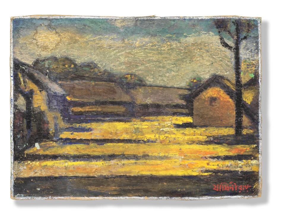 Jamini Roy (1887-1972) Untitled (Village Scene): Jamini Roy (1887-1972) Untitled (Village Scene) signed 'Jamini Roy' in Bengali lower right tempera on jute pasted on card 41 x 56cm (16 1/8 x 22 1/16in). Footnotes: Provenance Property from a priva