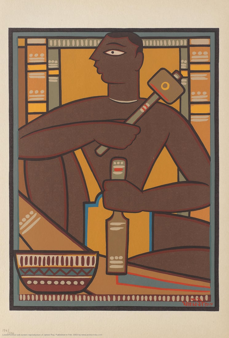 Jamini Roy (Indian, 1887-1972) Untitled (Sanathal Carver): Jamini Roy (Indian, 1887-1972) Untitled (Sanathal Carver) printed lower right and edition 196/500 lower left serigraph on paper 52 x 35.3cm (20 1/2 x 13 7/8in). Footnotes: Provenance Archer Graphic