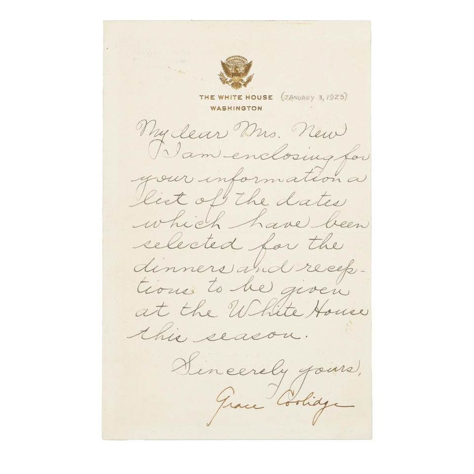 A GRACE COOLIDGE LETTER REGARDING WHITE HOUSE RECEPTIONS. COOLIDGE, GRACE GOODHUE. 1879-1957. Le... (1 of 1)