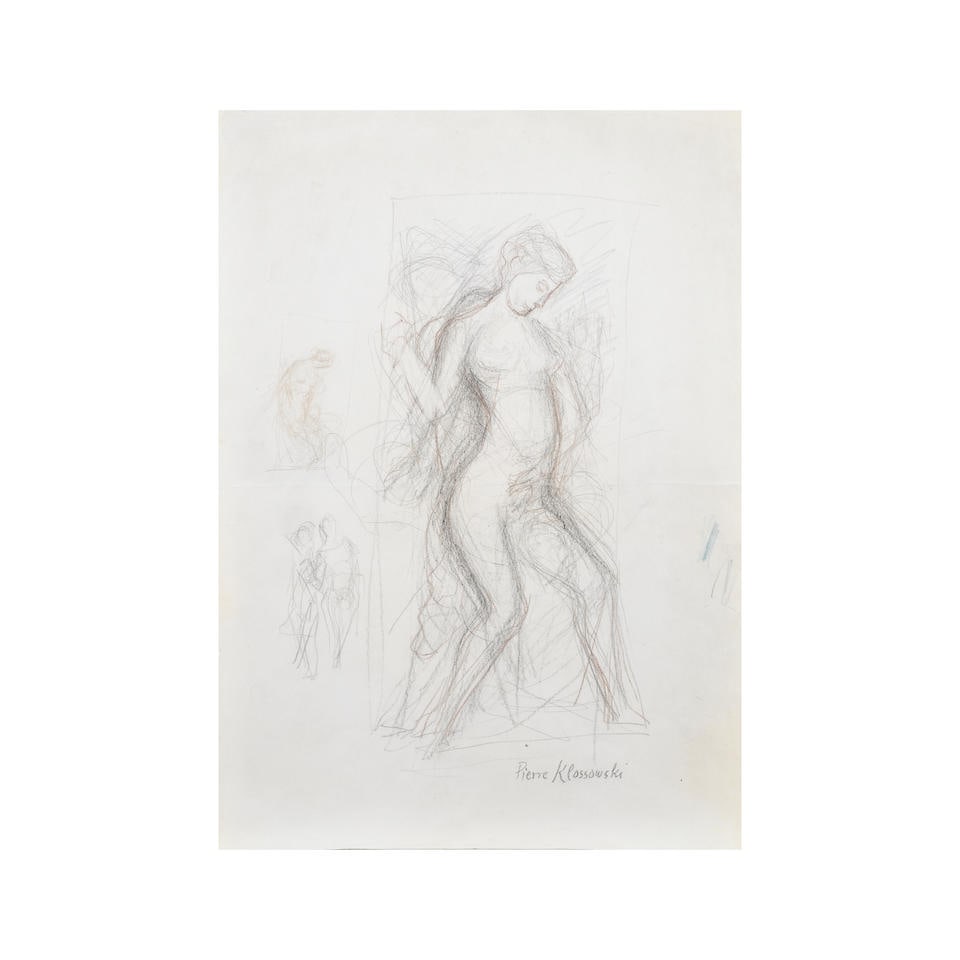 PIERRE KLOSSOWSKI (1905-2001) Etude pour Roberte circa 1979: PIERRE KLOSSOWSKI (1905-2001) Etude pour Roberte circa 1979 signé ; esquisse réalisée au revers fusain, pastel et crayons de couleurs sur papier signed ; sketch on the reverse charcoal,