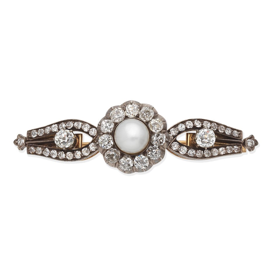 NATURAL PEARL AND DIAMOND CLUSTER BROOCH, (1 of 4)