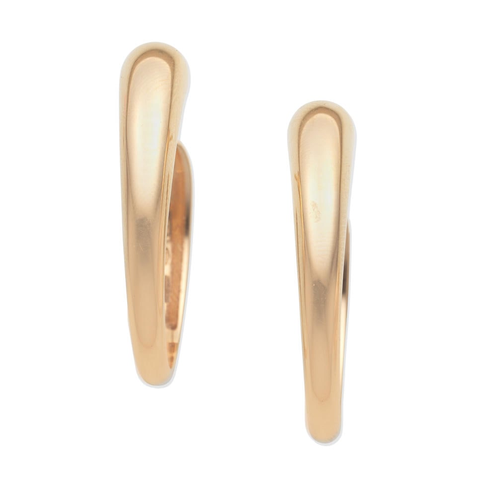 POMELLATO: HOOP EARRINGS: POMELLATO: HOOP EARRINGS - Signed Pomellato, numbered - Length 3.4cm - Total weight approx. 17.5g Footnotes: OVERALL CONDITION Negligible surface wear to unhallmarked, rose metal (testing as 17-18ct g