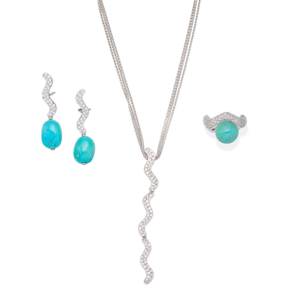 DIAMOND PENDANT/NECKLACE; TURQUOISE AND DIAMOND RING AND EARRING SUITE (3): DIAMOND PENDANT/NECKLACE; TURQUOISE AND DIAMOND RING AND EARRING SUITE - Brilliant-cut diamonds weighing approx. 1.35cts total - Turquoise bead - Necklace signed Antonini - Lengths: pendant 7.0cm, cha