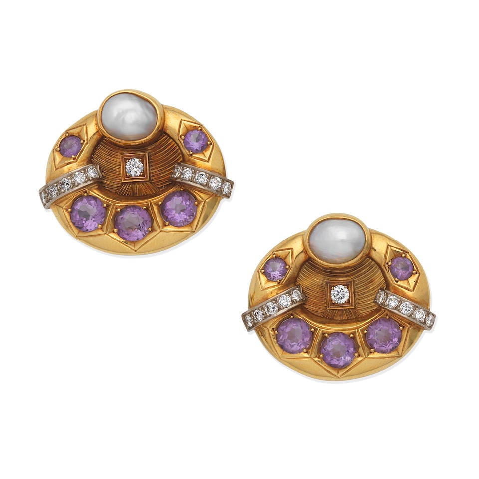 ELIZABETH GAGE: AMETHYST, DIAMOND AND CULTURED PEARL EARCLIPS, (1 of 2)