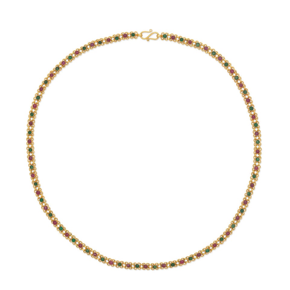 RUBY AND EMERALD NECKLACE: RUBY AND EMERALD NECKLACE Ruby cabochons Emerald cabochons Length 46.0cm Weight approx. 24.0g Footnotes: OVERALL CONDITION Light surface wear to unhallmarked yellow metal (testing as 17ct gold). EMERA