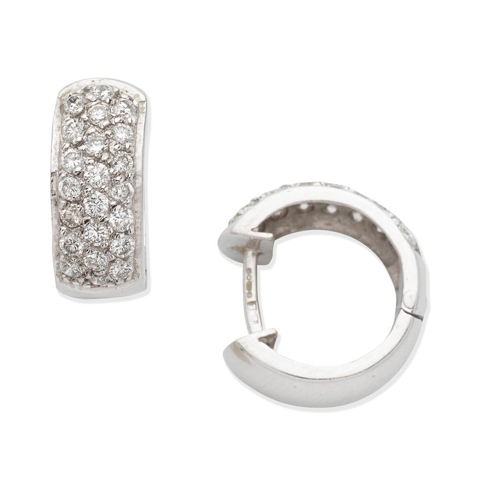 DIAMOND-SET EARHOOPS,: DIAMOND-SET EARHOOPS, 2007 Brilliant-cut diamonds, approx. 0.40ct total 18 carat white gold London hallmark Length 1.4cm Total weight approx. 5.0g Footnotes: OVERALL CONDITION Light surface wear to 18