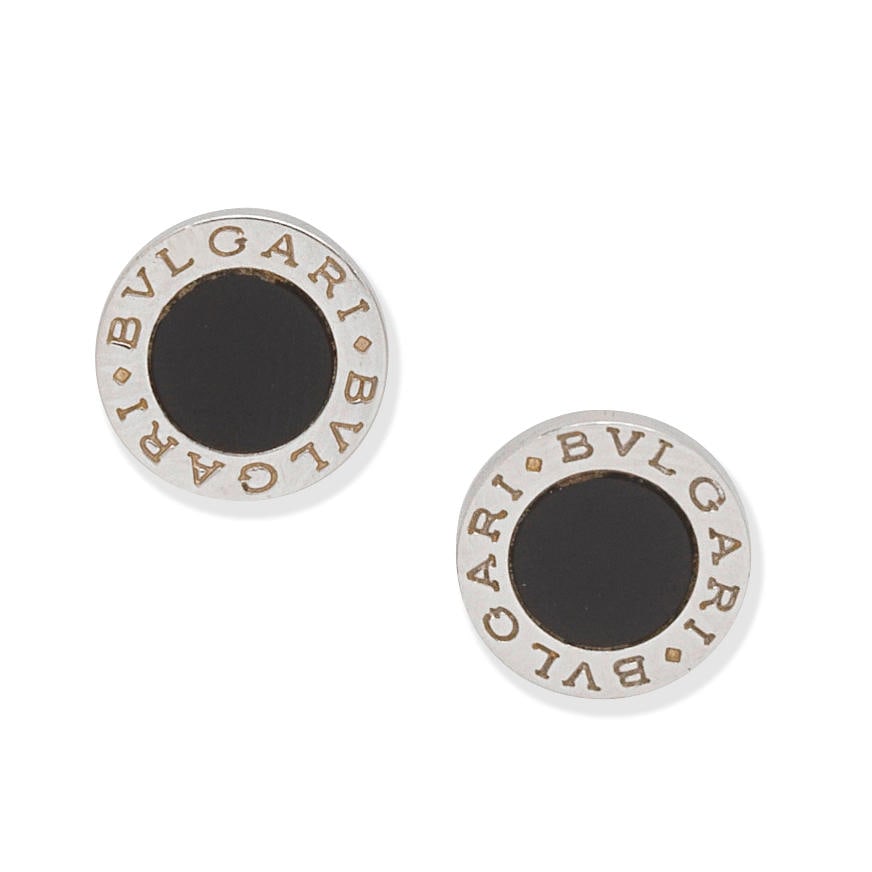 BULGARI: ONYX 'BVLGARI BVLGARI' EARSTUDS: BULGARI: ONYX 'BVLGARI BVLGARI' EARSTUDS Onyx Signed Bulgari Length 0.9cm Total weight approx. 3.5g Maker's case and box Footnotes: OVERALL CONDITION Reverse marked with Italian assay mark, 750, signe