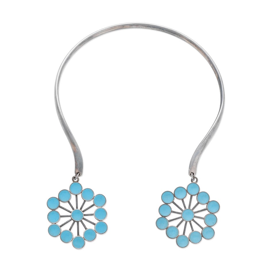 ASTRID FOG FOR GEORG JENSEN: ENAMEL AND SILVER NECKLACE,: ASTRID FOG FOR GEORG JENSEN: ENAMEL AND SILVER NECKLACE, CIRCA 1973 Silver Blue enamel Maker's marks for Georg Jensen, numbered 238, London import mark Lengths: necklace inner circumference very appro