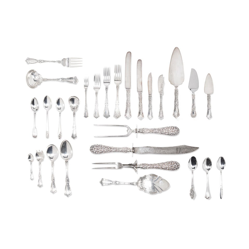 AN AMERICAN STERLING SILVER FLATWARE SERVICE by Wallace Silversmiths, Wallingford, CT, 20th century: AN AMERICAN STERLING SILVER FLATWARE SERVICE by Wallace Silversmiths, Wallingford, CT, 20th century In the Berain pattern, comprising twelve dinner forks, six oval soup spoons, twelve dinner knives, t