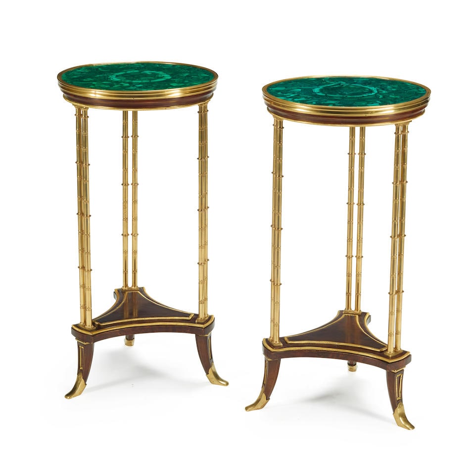 A PAIR OF LOUIS XVI STYLE MALACHITE TOP GILT BRONZE GUERIDONS (1 of 4)