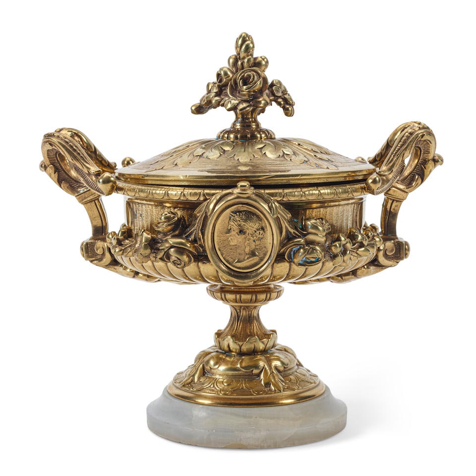 A NEOCLASSICAL STYLE GILT METAL COVERED TWO-HANDLED URNLate 19th/20th century (1 of 1)