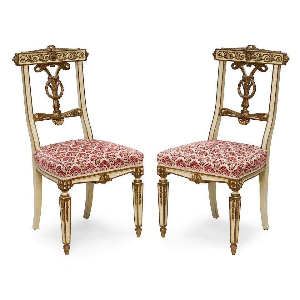 A PAIR OF NEOCLASSICAL STYLE PARCEL GILT PAINTED CARVED SIDE CHAIRS19th century (1 of 2)