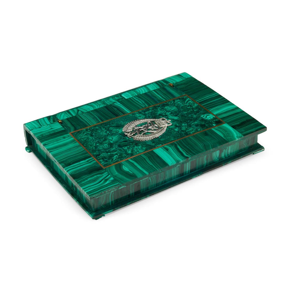 A MALACHITE VENEERED BOOK-FORM TABLE BOX (1 of 3)