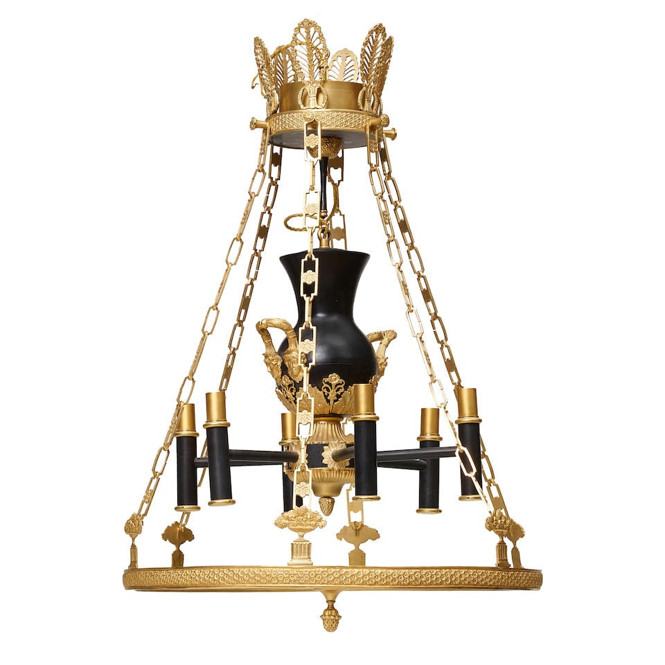 AN EMPIRE STYLE GILT-BRONZE SIX-LIGHT CHANDELIER (1 of 2)