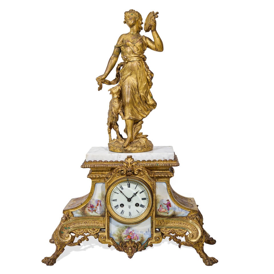 A FRENCH GILT BRONZE, MARBLE, AND PORCELAIN MANTEL CLOCKLate 19th/early 20th century (1 of 1)