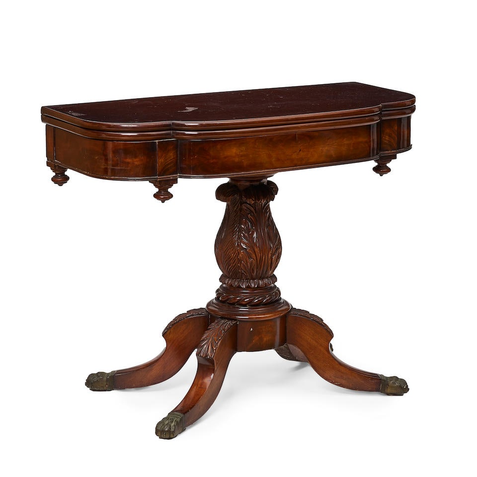 A CLASSICAL CARVED MAHOGANY FOLD OVER CARD TABLEEarly 19th century (1 of 2)