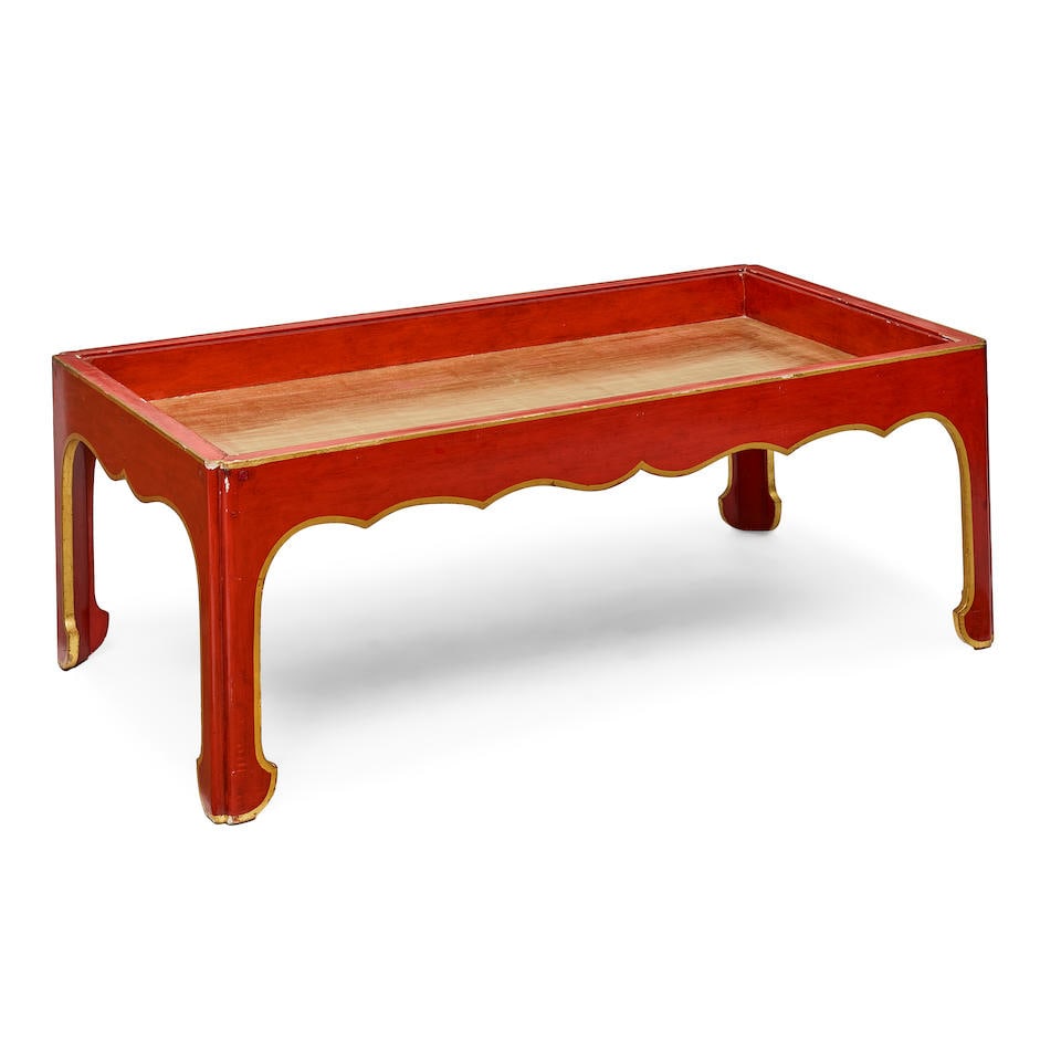 A CHINESE STYLE PARCEL GILT RED PAINTED VITRINE LOW TABLE (1 of 2)
